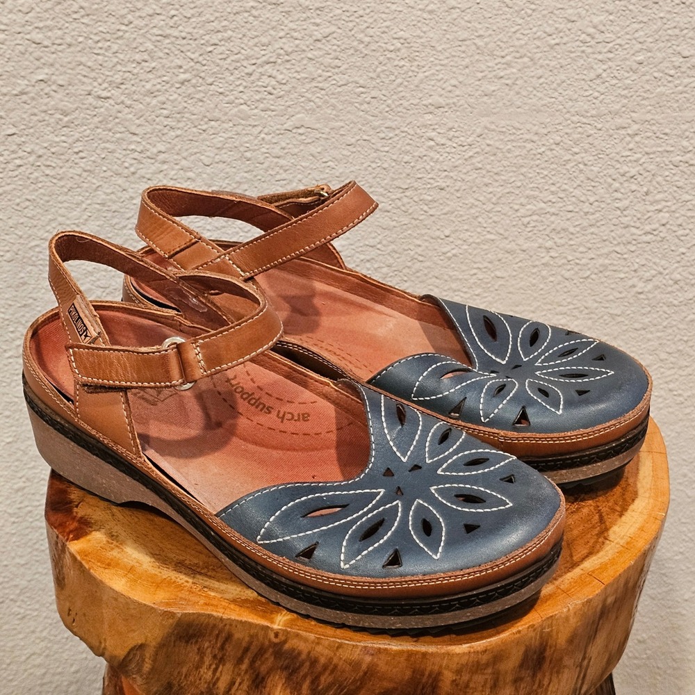 Pikolinos Granada W0W-1985 Leather Platform Wedge Sandals Floral Cutout 38/8